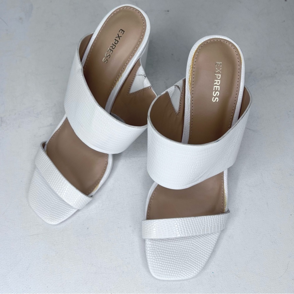 Express White Embossed Double Strap Block Heels - image 5